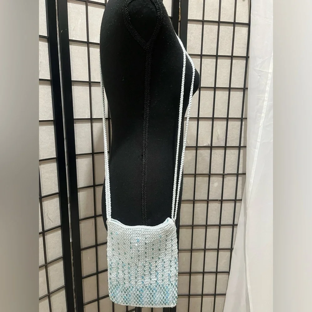 Beaded CROCHET BAGE, in Light Blue, BOHO, HIPPIE, 10x 7 with 21” drop strap.